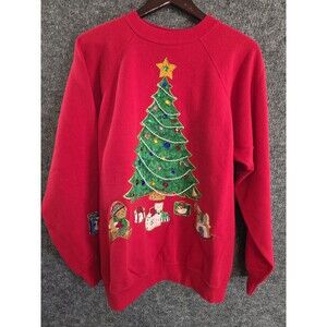 Vtg Hanes Sport Handmade Christmas Sweatshirt XL Red Tree Gifts String 90s